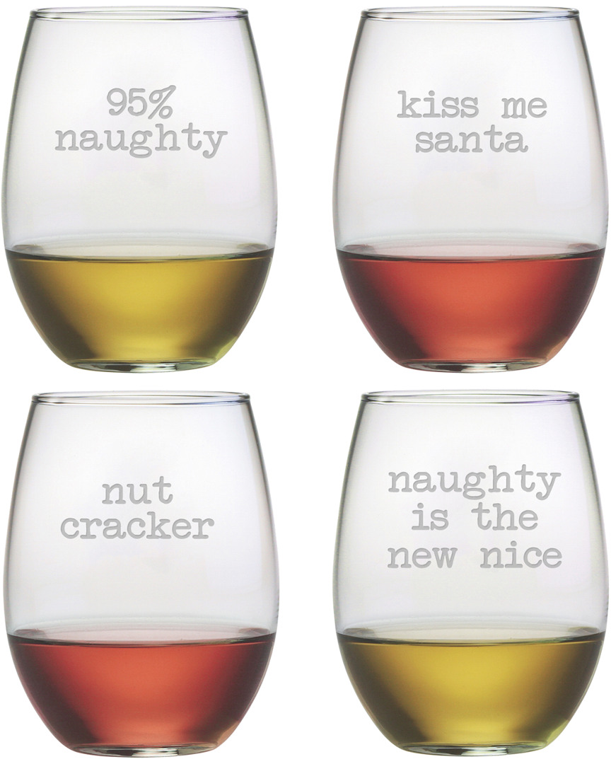 Susquehanna Glass Naughty Christmas Set Of 4 Stemless Wine Glasses 21oz