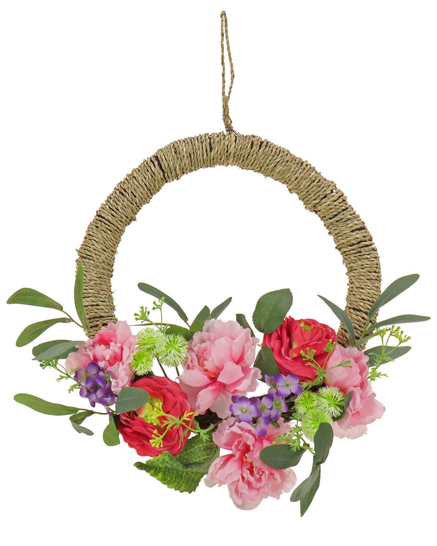 National Tree Company 16in Spring Rose, Peony, And Globe Flowers Hoop Wreath In Pink
