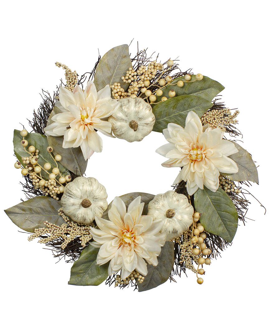 Northlight 22in Dahlia & Pumpkin Fall Artificial Floral Wreath In Green