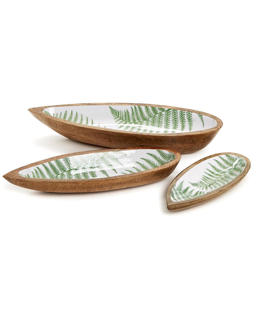 Two's Company Set Of 3 Fern Tear Drop Hand-crafted Wood Trays In Green