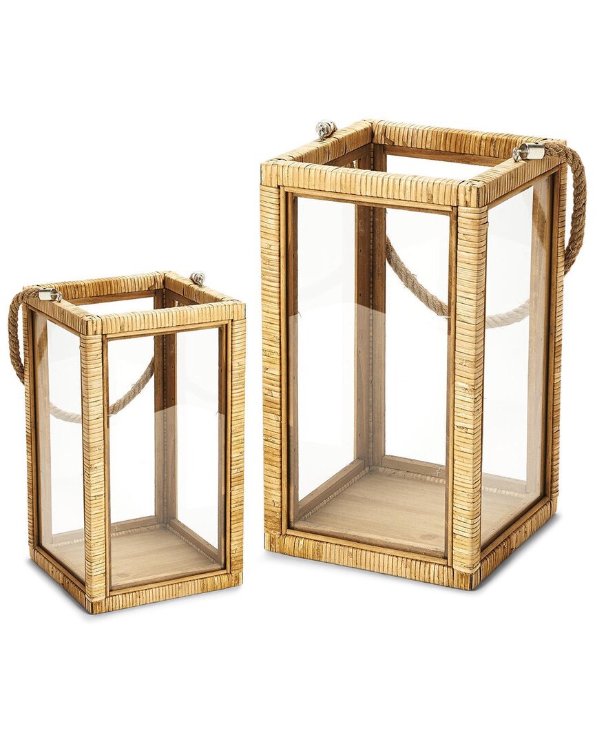 Two's Company Set Of 2 Decorative Rattan Lanterns With Rope Handles In Beige