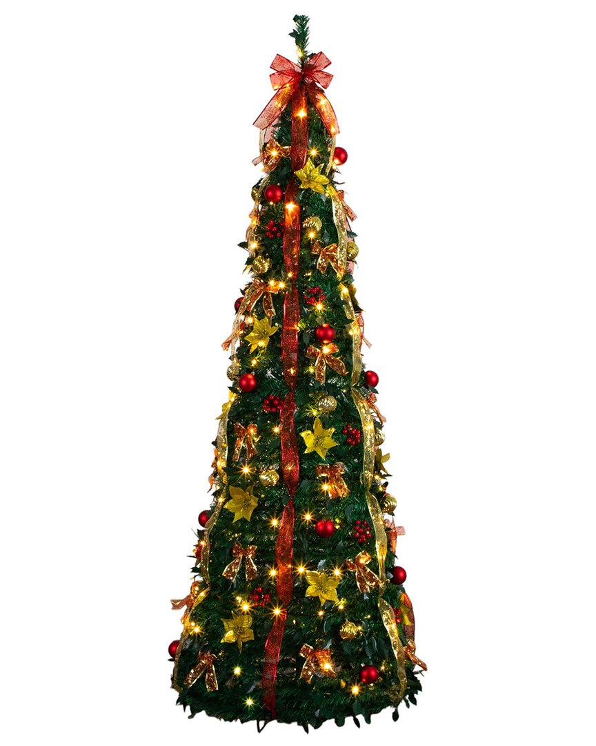 Nearly Natural 7 Foot Pre-lit Collapsible Pre-decorated Pine Christmas Tree In Green
