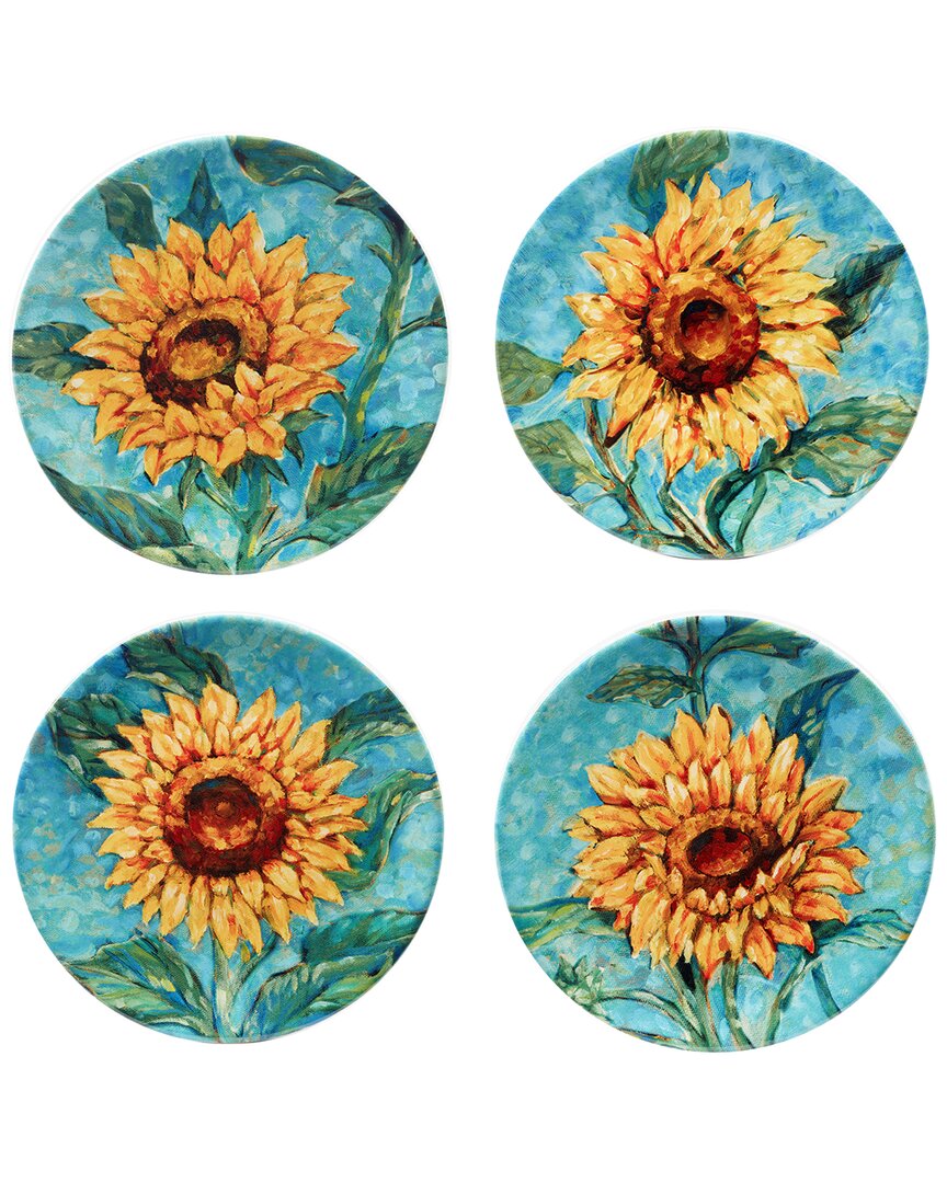 Certified International Golden Sunflowers Set Of 4 Salad Plates In Blue