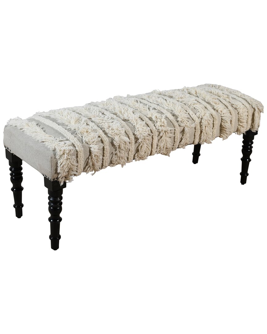 Lr Home Farmhouse Geometric Embroidered Handmade Bench In White
