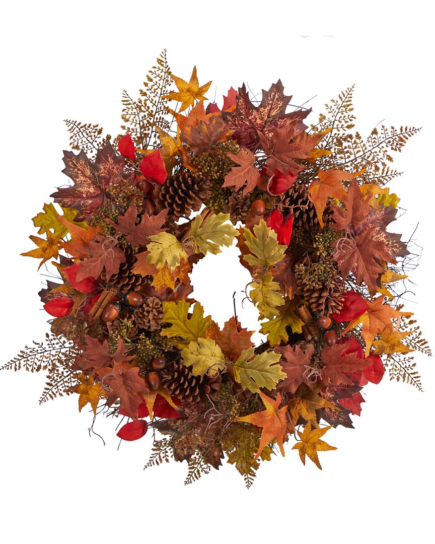 Nearly Natural Autumn Maple Leaves, Acorn, Pinecones & Cinnamon Sticks Artificial Fall Wreath 30in In Orange