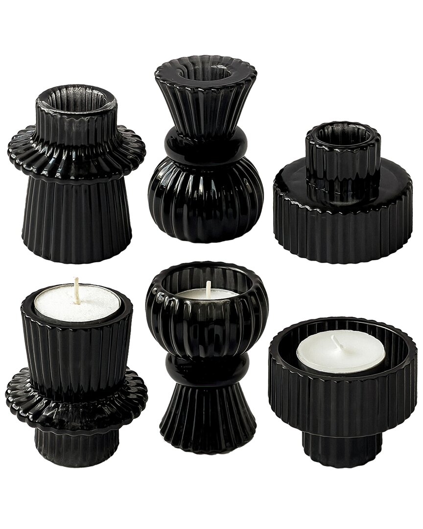Kate Aspen Set Of 4 Ribbed Candlestick/tealight Holders In Black