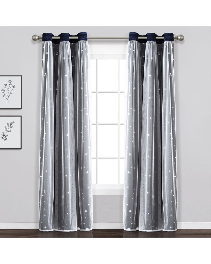 Lush Decor Star Sheer Insulated Grommet Blackout Window Curtain In Navy
