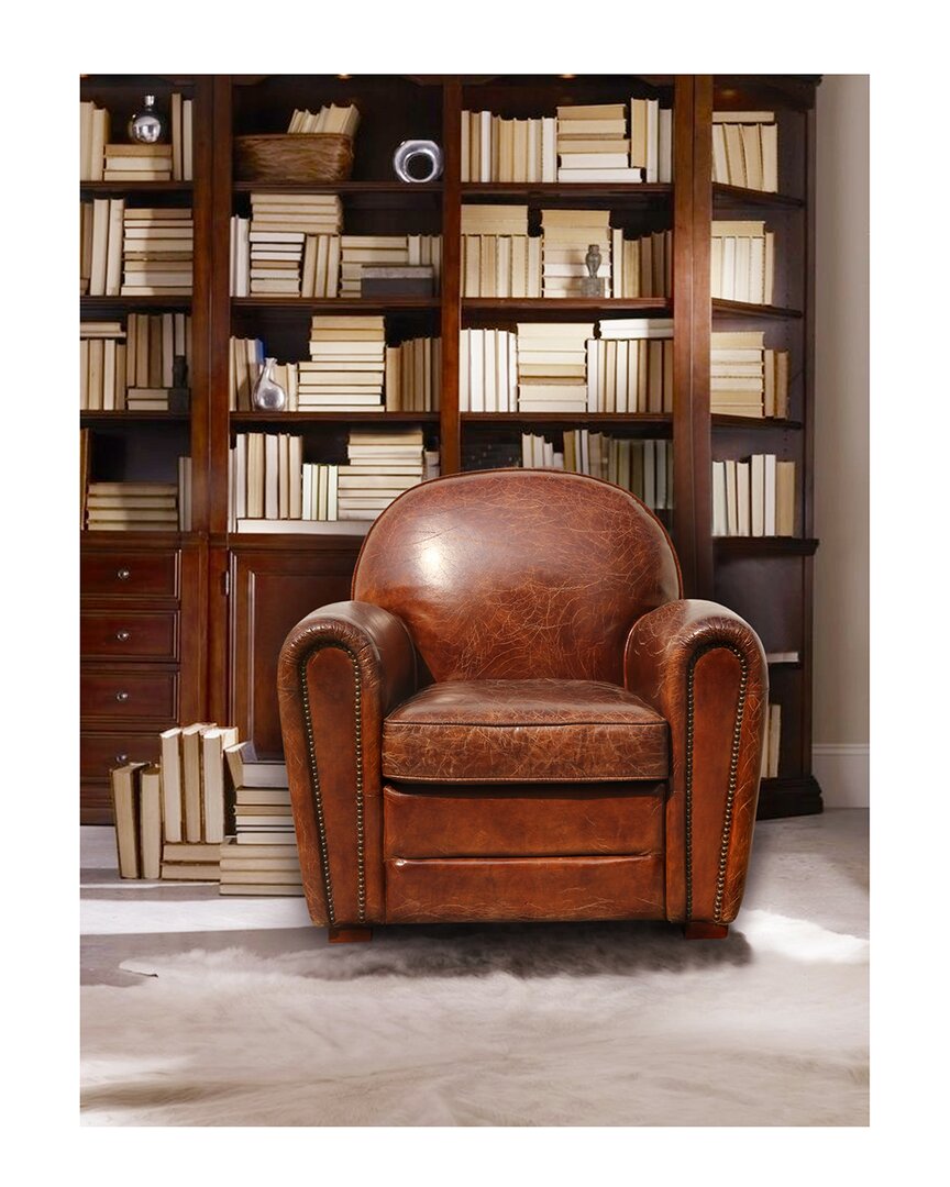 Pasargad Home Paris Club Genuine Leather Round Arm Chair In Brown