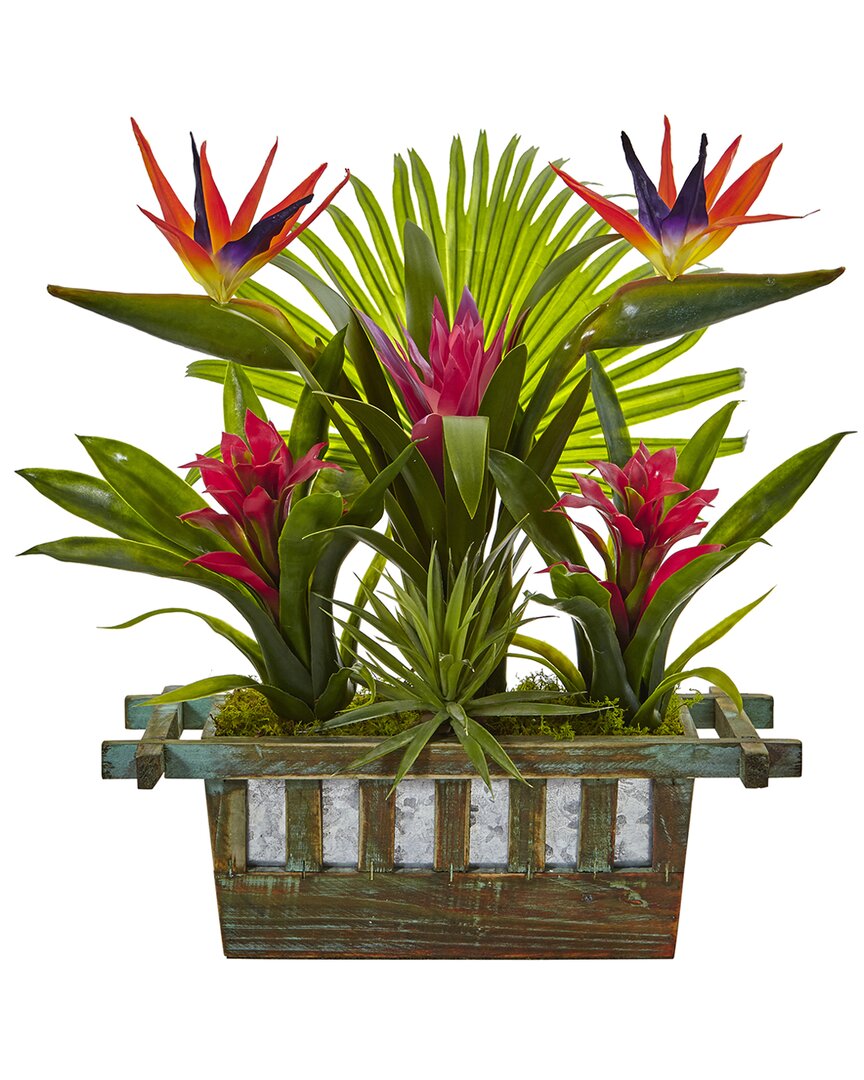 Nearly Natural Birds Of Paradise And Bromeliad In Planter In Red