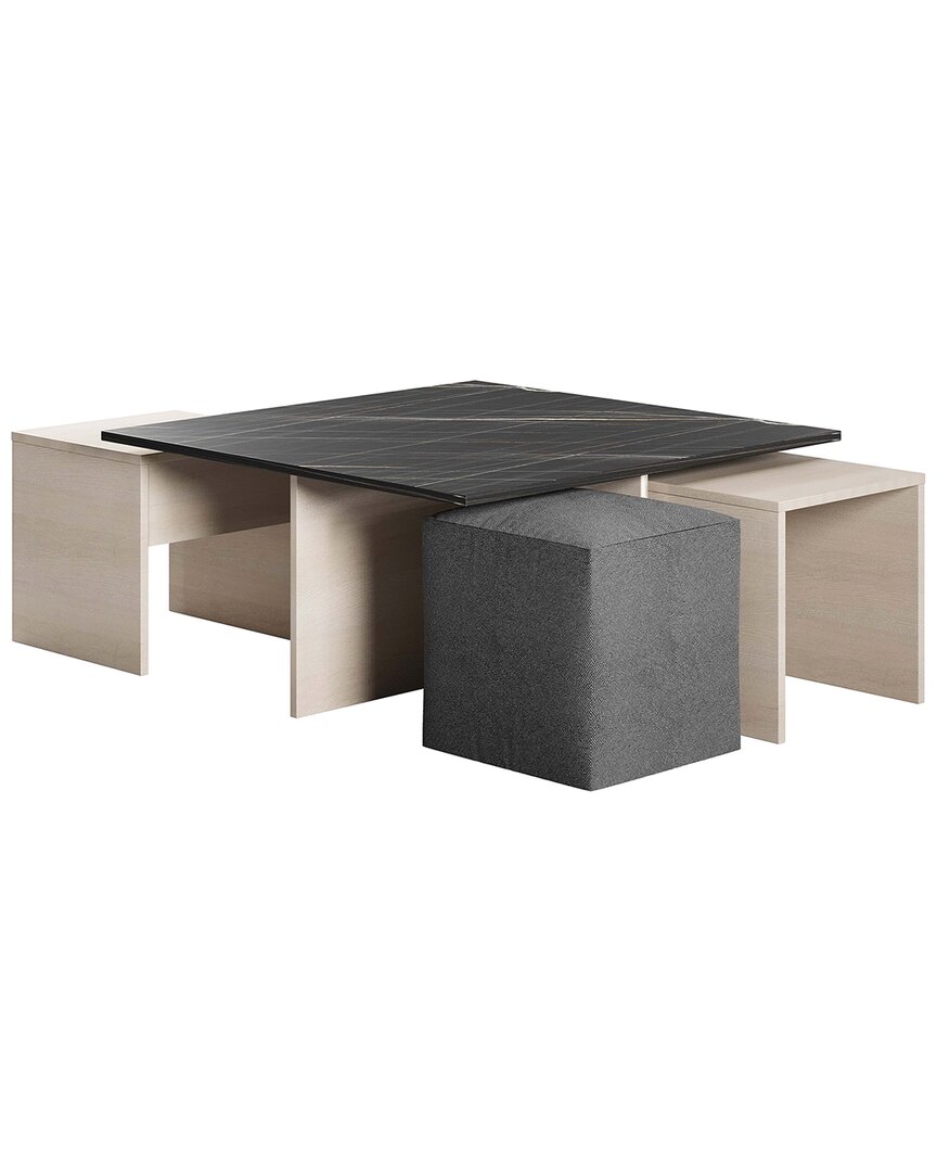Manhattan Comfort Haley Mid-century Modern Nested Coffee Table & Ottoman Set In White