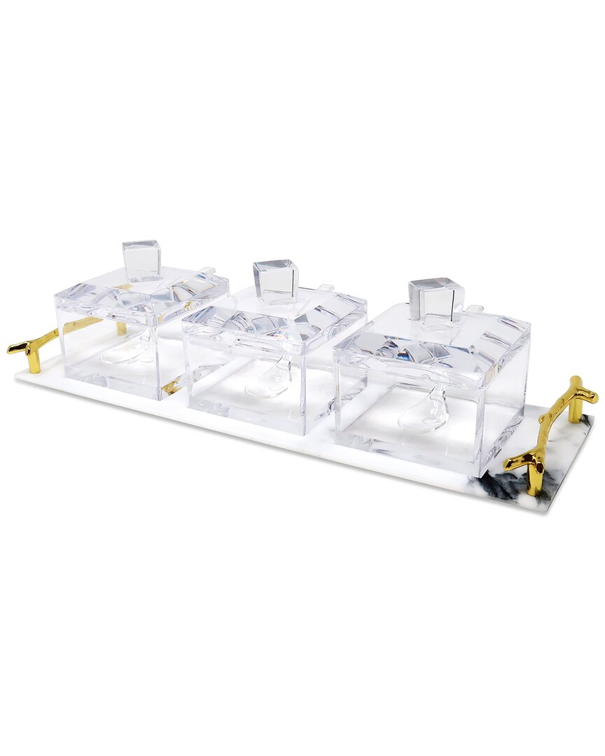 Vivience 3 Bowl Acrylic Serving Dish On Tray With Covers & Spoons