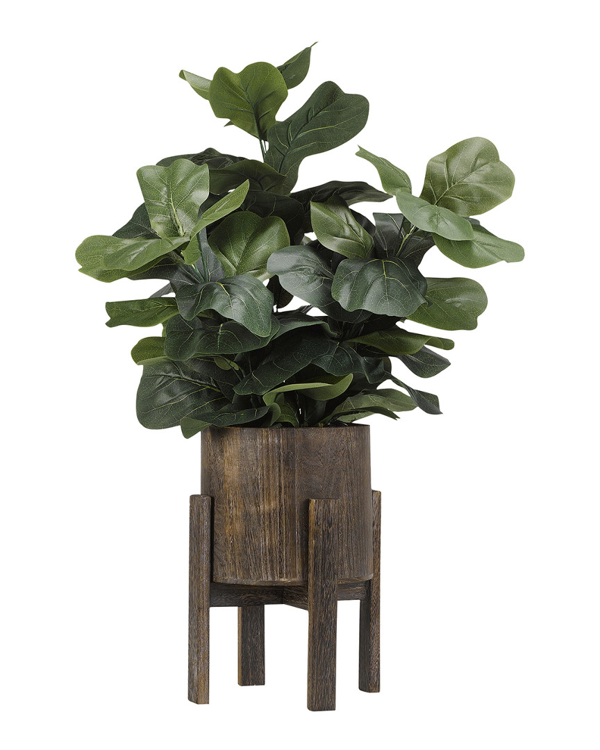 D&w Silks Fiddle Leaf Fig Branches In Round Rustic Wood Planter With Stand