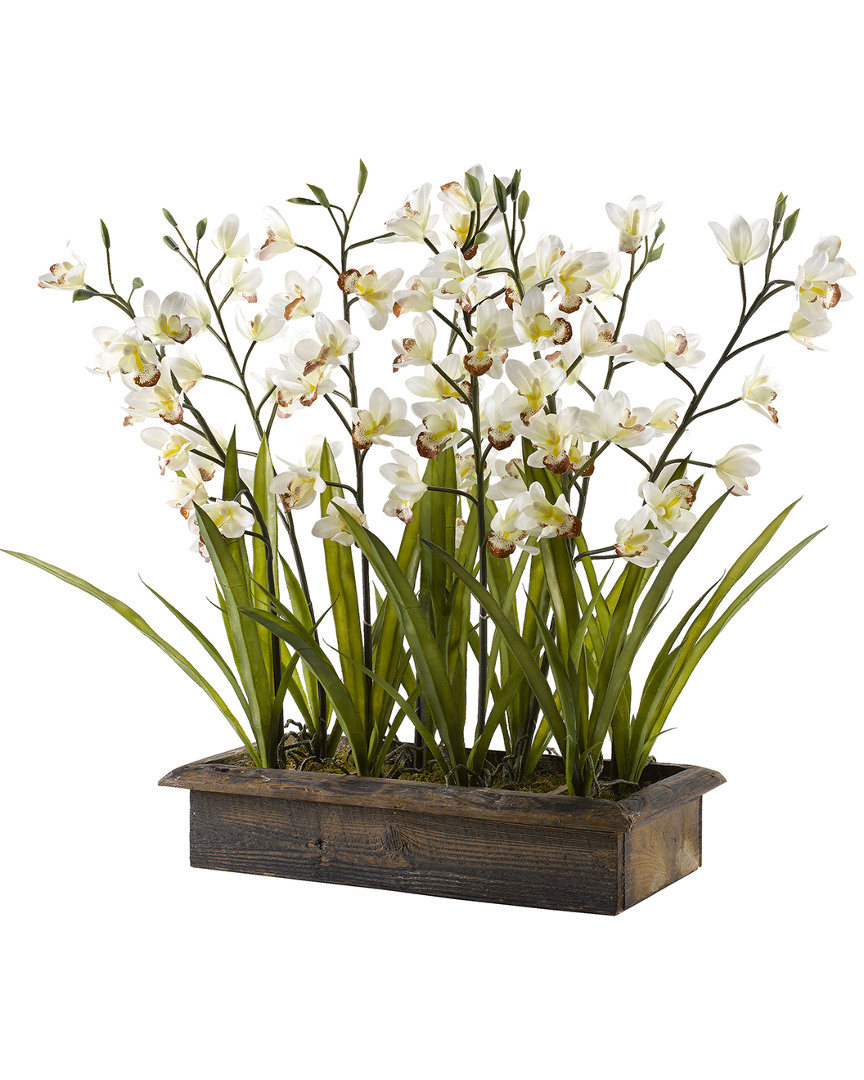 D&w Silks Cream Cymbidium Orchids In Rectangle Metal Planter