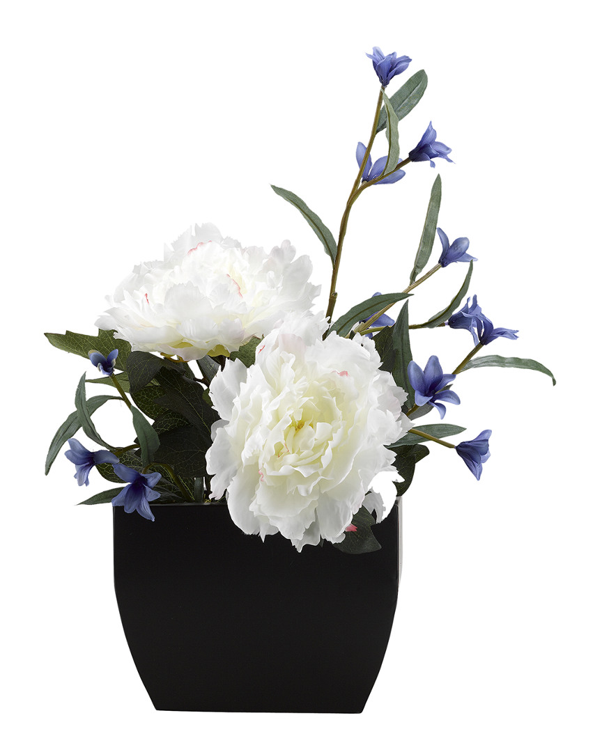 D&w Silks Cream Peony With Blue Wild Flowers In Rectangle Metal Planter