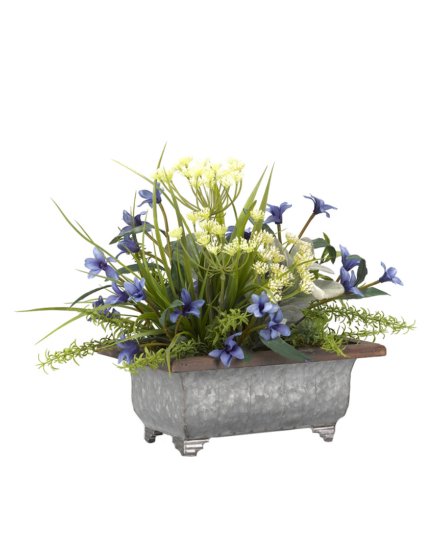 D&w Silks Blue Wild Flowers, Queen Anne's Lace And Wild Grass In Rectangle Metal Planter