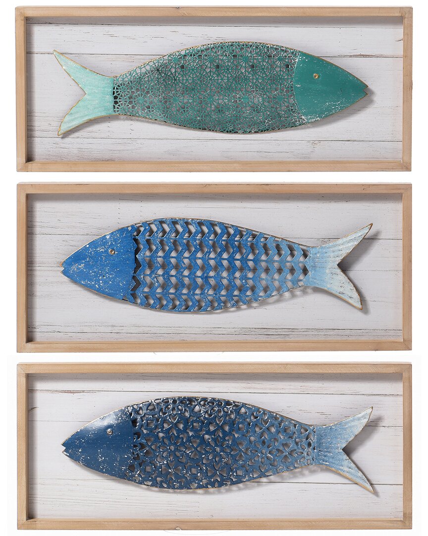 Stylecraft Set Of 3 Metal Fish Wood Panels In Multi