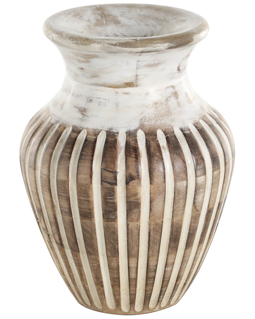 Peyton Lane Brown Mango Wood Distressed Vase With Carved Grooves In Brown