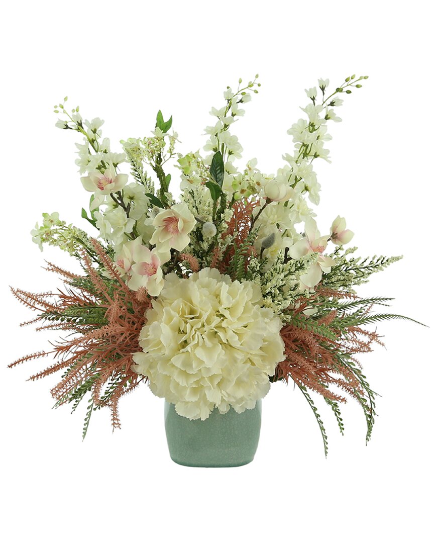 Creative Displays White Delphinium & Hydrangea Florals Arranged In Ceramic Vase In Cream