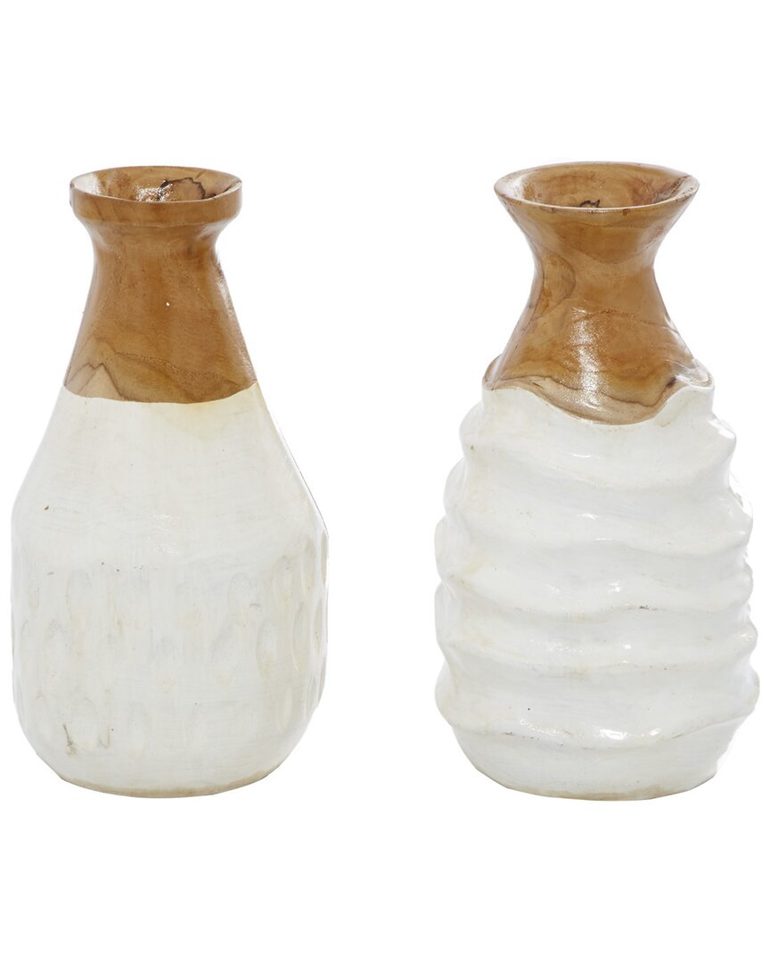 Peyton Lane Set Of 2 Teak Wood Coastal Style Vases In White