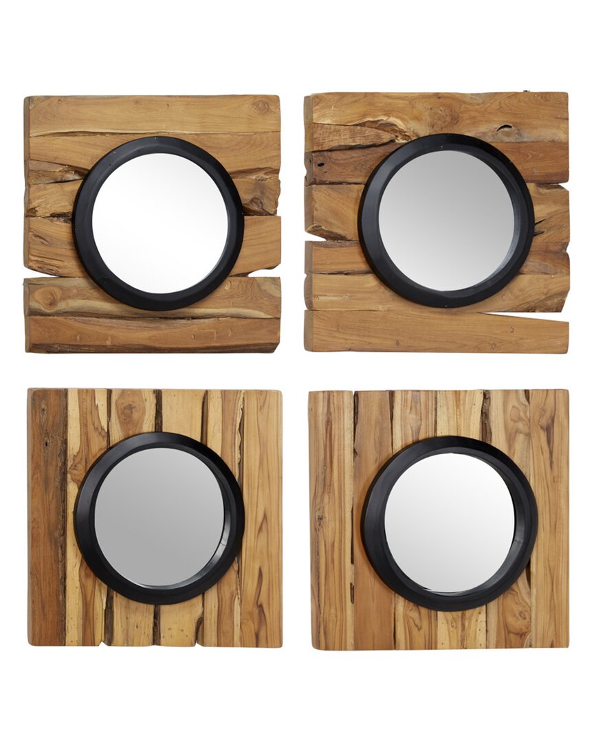 Peyton Lane Set Of 4 Brown Teak Wood Rustic Floral Wall Mirror In Brown