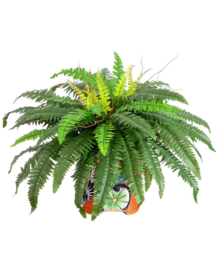 NEARLY NATURAL NEARLY NATURAL ARTIFICIAL BOSTON FERN IN HANDMADE MEXICAN TALAVERA CERAMIC PLANTER 
