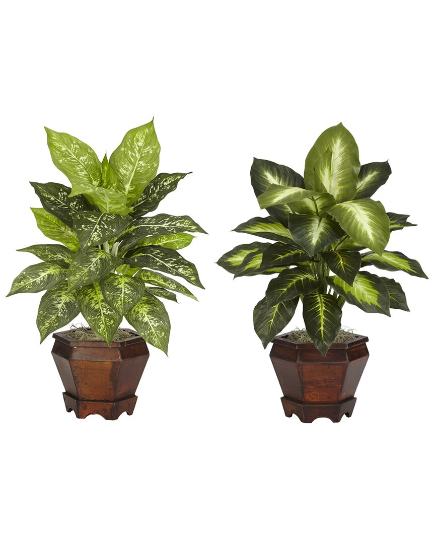 Nearly Natural Dieffenbachia W/wood Vase Silk Plant, Set Of 2