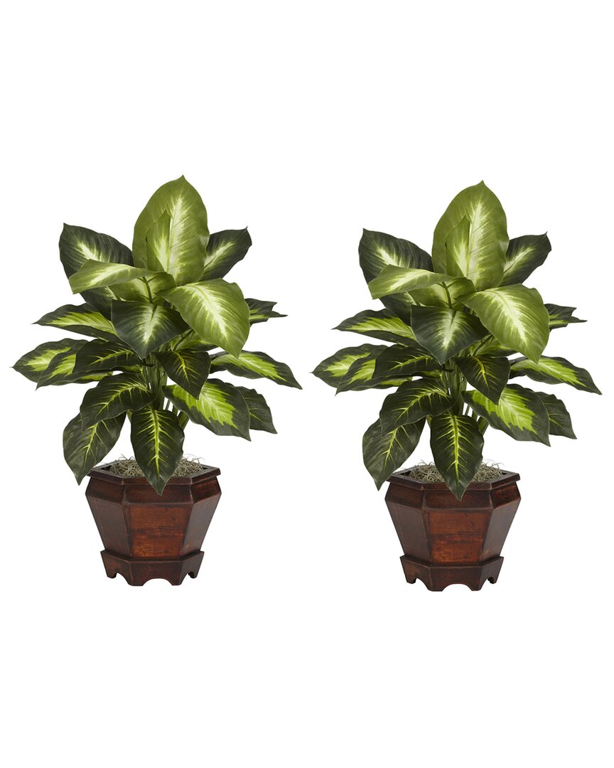 NEARLY NATURAL NEARLY NATURAL SET OF 2 DIEFFENBACHIA SILK PLANTS WITH WOOD VASE 