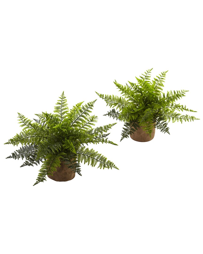 Nearly Natural Set Of 2 Ruffle Fern Bushes With Burlap Base In Green