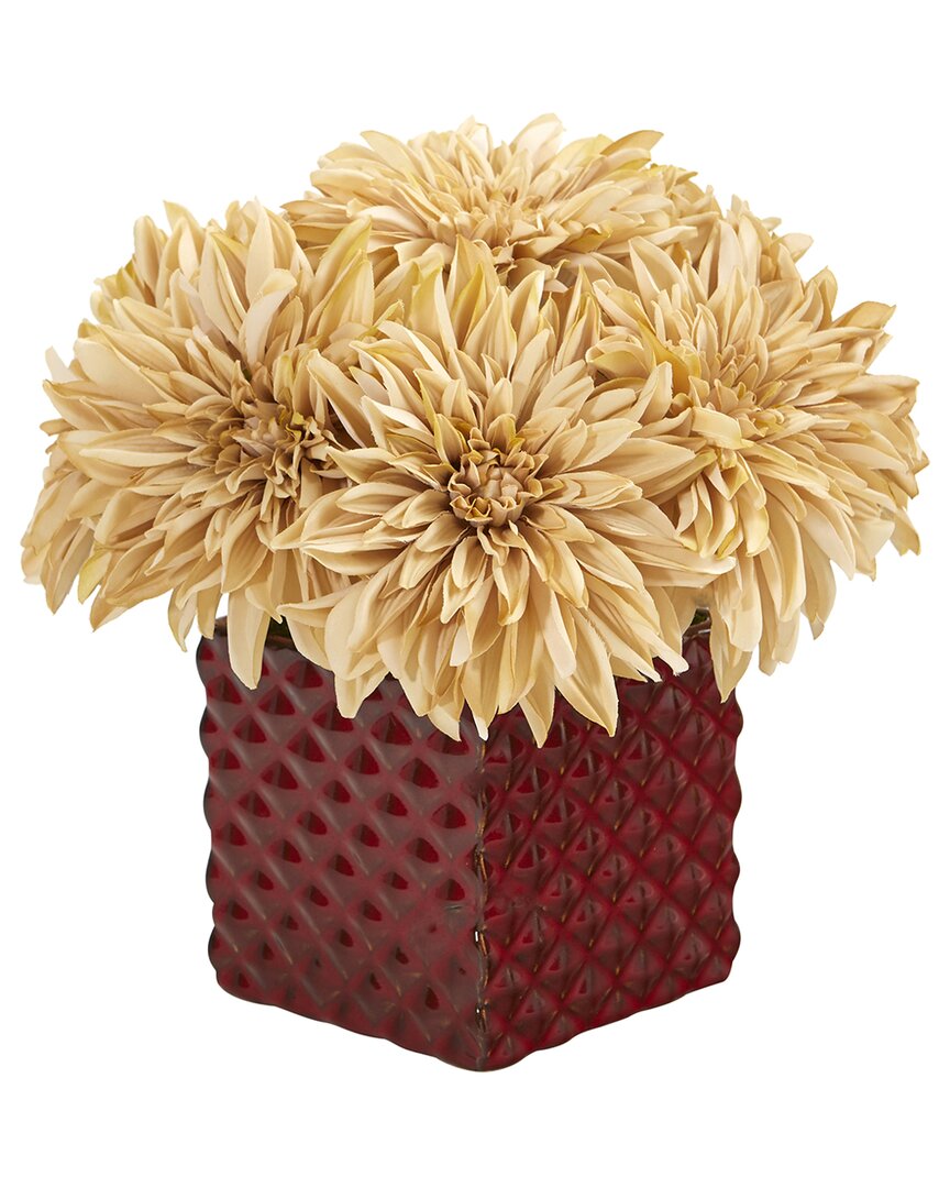 Nearly Natural Dahlia Artificial Arrangement In Red Ceramic Cube In Cream
