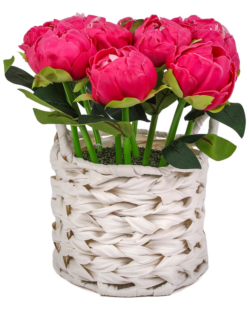 National Tree Company 10in Pink Peony Flower Bouquet In White Basket In Pink