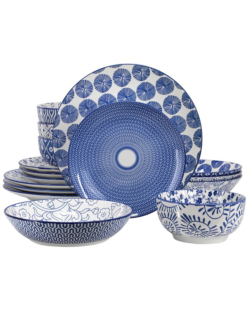 Elama Aurora 16pc Stoneware Double Bowl Dinnerware Set In Blue