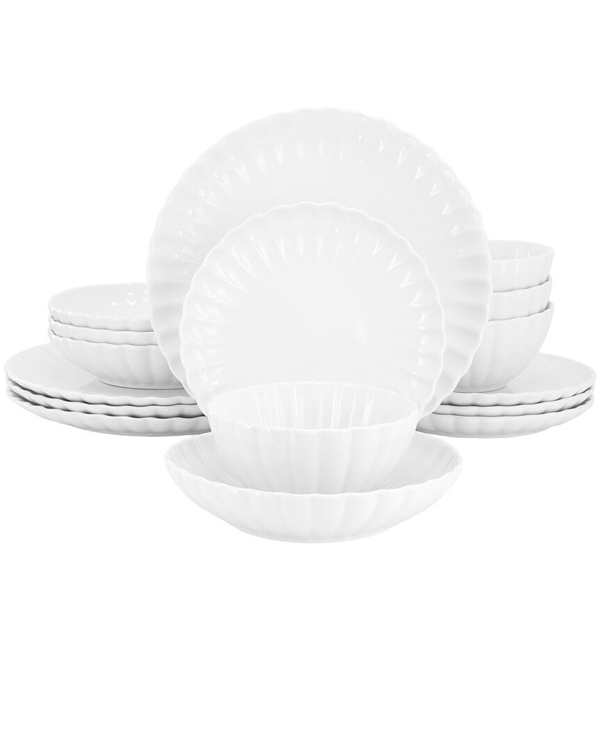 Elama Julia 16pc Scalloped Double Bowl Porcelain Dinnerware Set In White