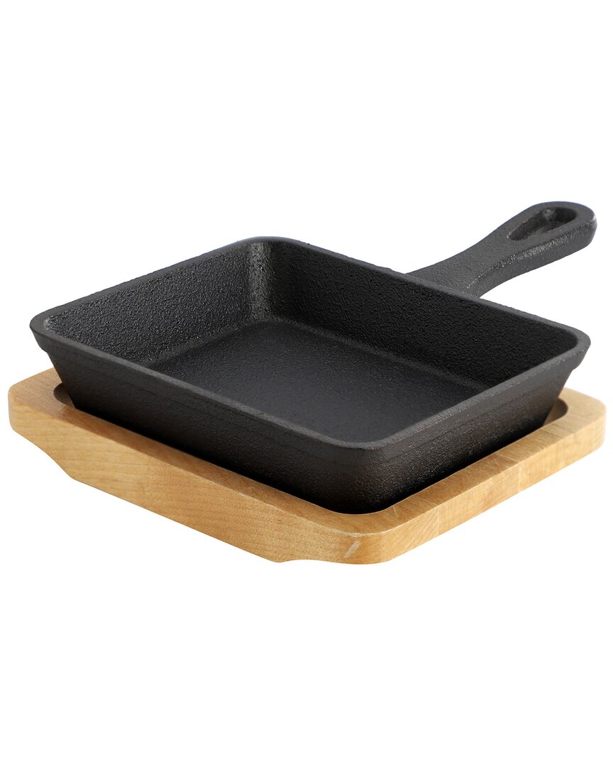 Megachef Mini Cast Iron Square Pan With Wood Tray In Black