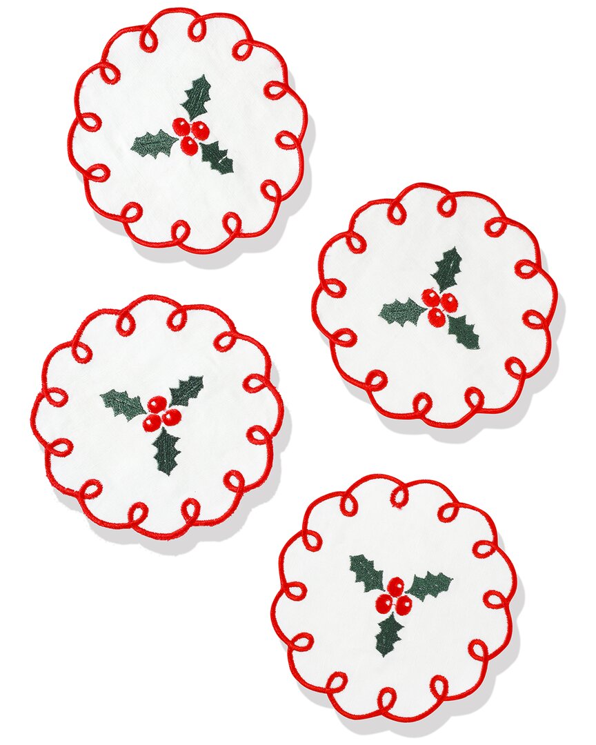 Tiramisu Set Of 4 Holly Berry Charm Embroidered Cocktail Napkins