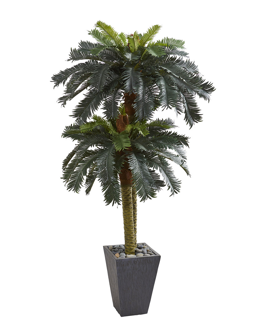 Nearly Natural 6' Double Sago Palm Artificial Tree In Slate-finish Planter In Green