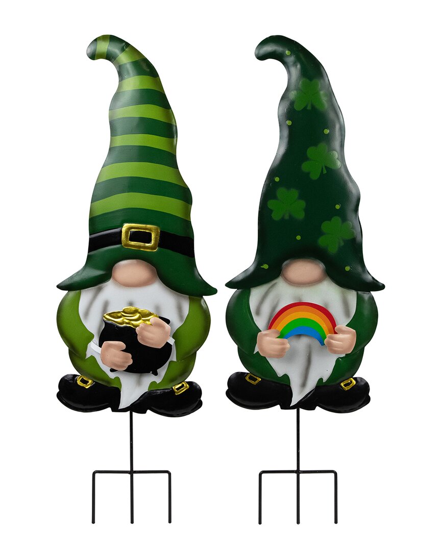 Northlight Set Of 2 Pot Of Gold & Rainbow Gnomes Outdoor Garden Stakes In Green