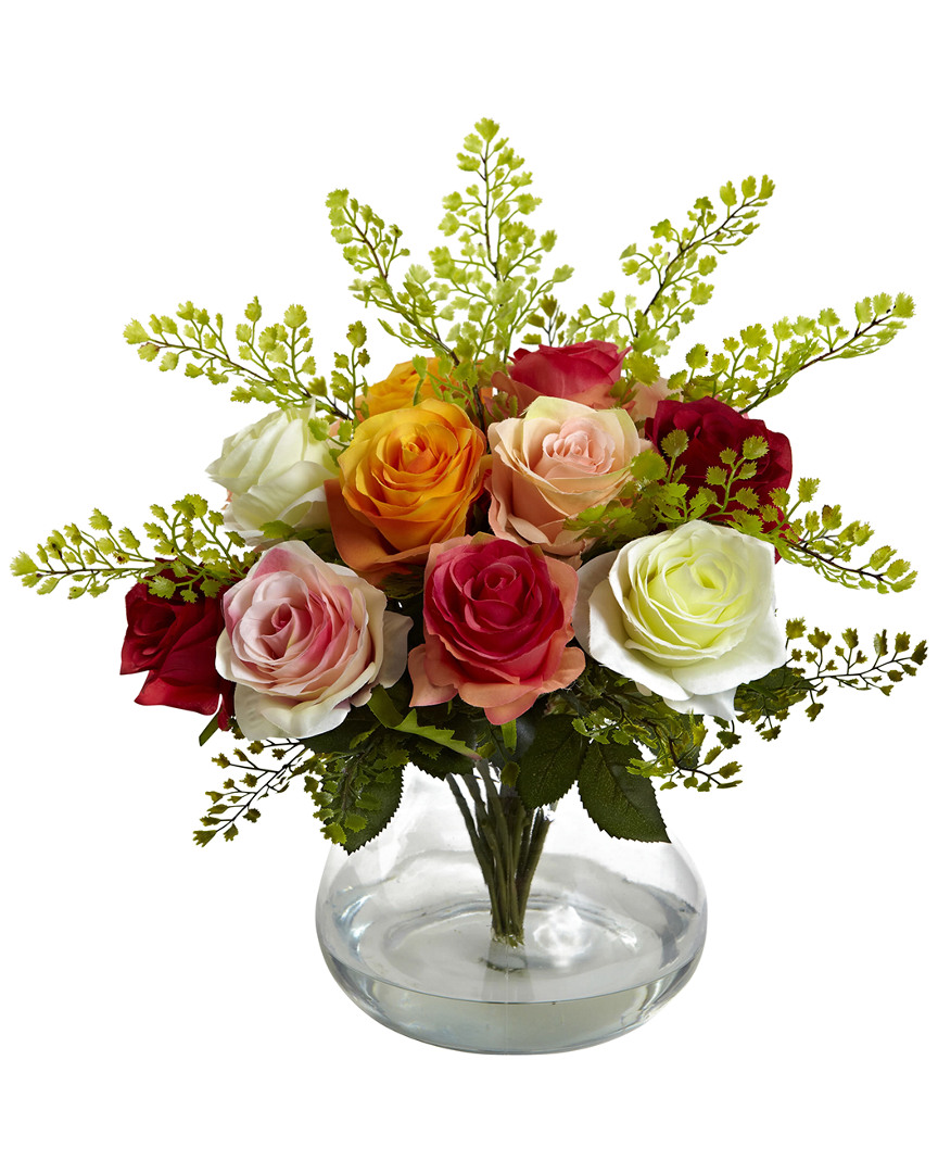Nearly Natural Rose & Maiden Hair Floral Arrangement With Vase