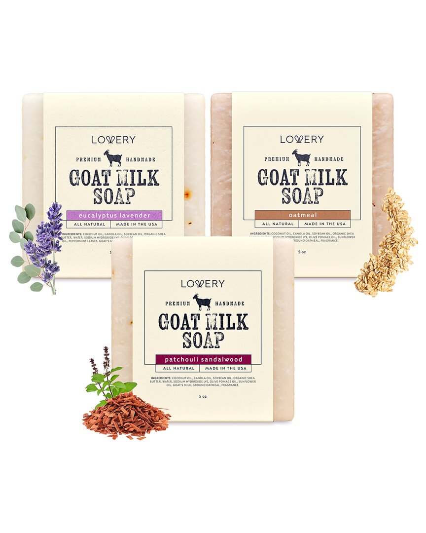 Lovery 3-pack Handmade Goat Milk Soap Bars: Oatmeal, Eucalyptus Lavender, & Patchouli Sandalwood