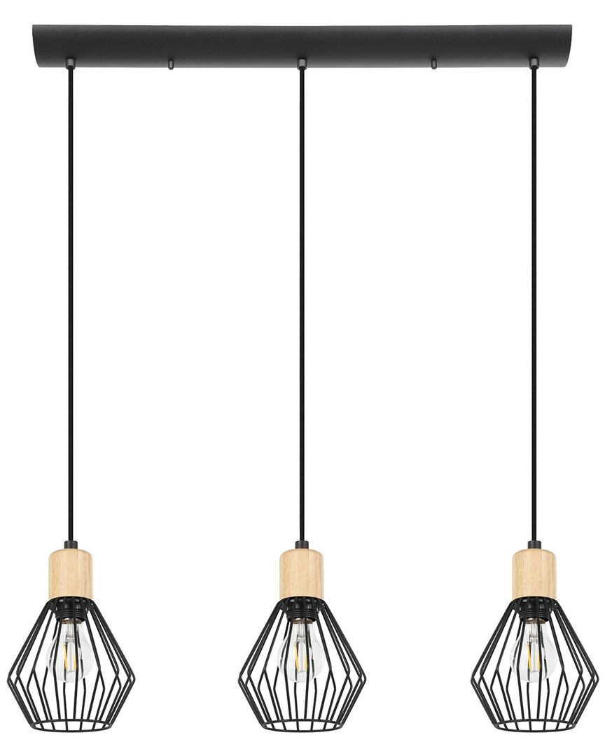 Eglo Palmorla 3 Light Linear Pendant With Black Finish & Open Frame Black Shades With Wood Accents