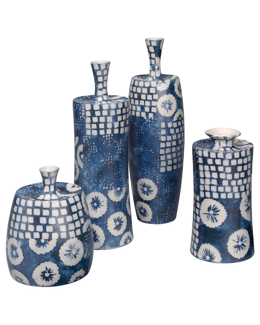 Shop Jamie Young Set Of 4 Block Print Vases In Blue