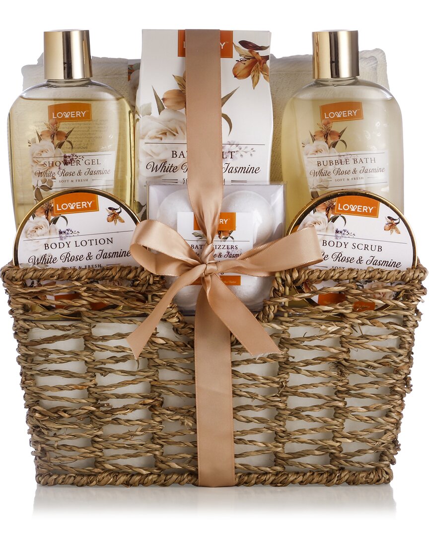 Lovery Home Spa Gift Basket - White Rose & Jasmine Body Care Package In Natural