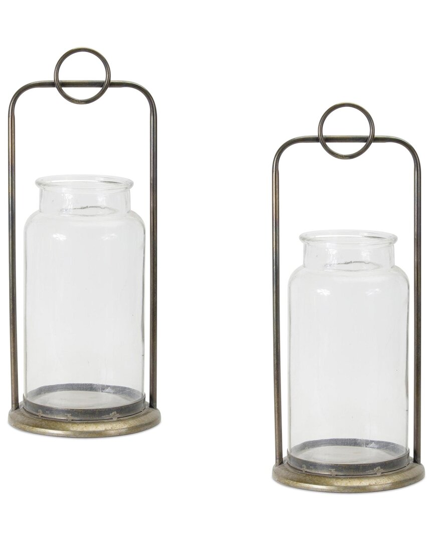 Melrose International Set Of 2 Antique Metal Candle Holder With Glass Jar In Transparent