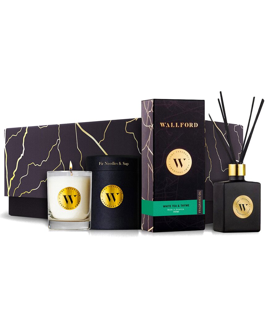 WALLFORD HOME FRAGRANCE WALLFORD 2PC CANDLE WITH FIR NEEDLES & SAP & WHITE TEA & THYME REED DIFFUSER SET 