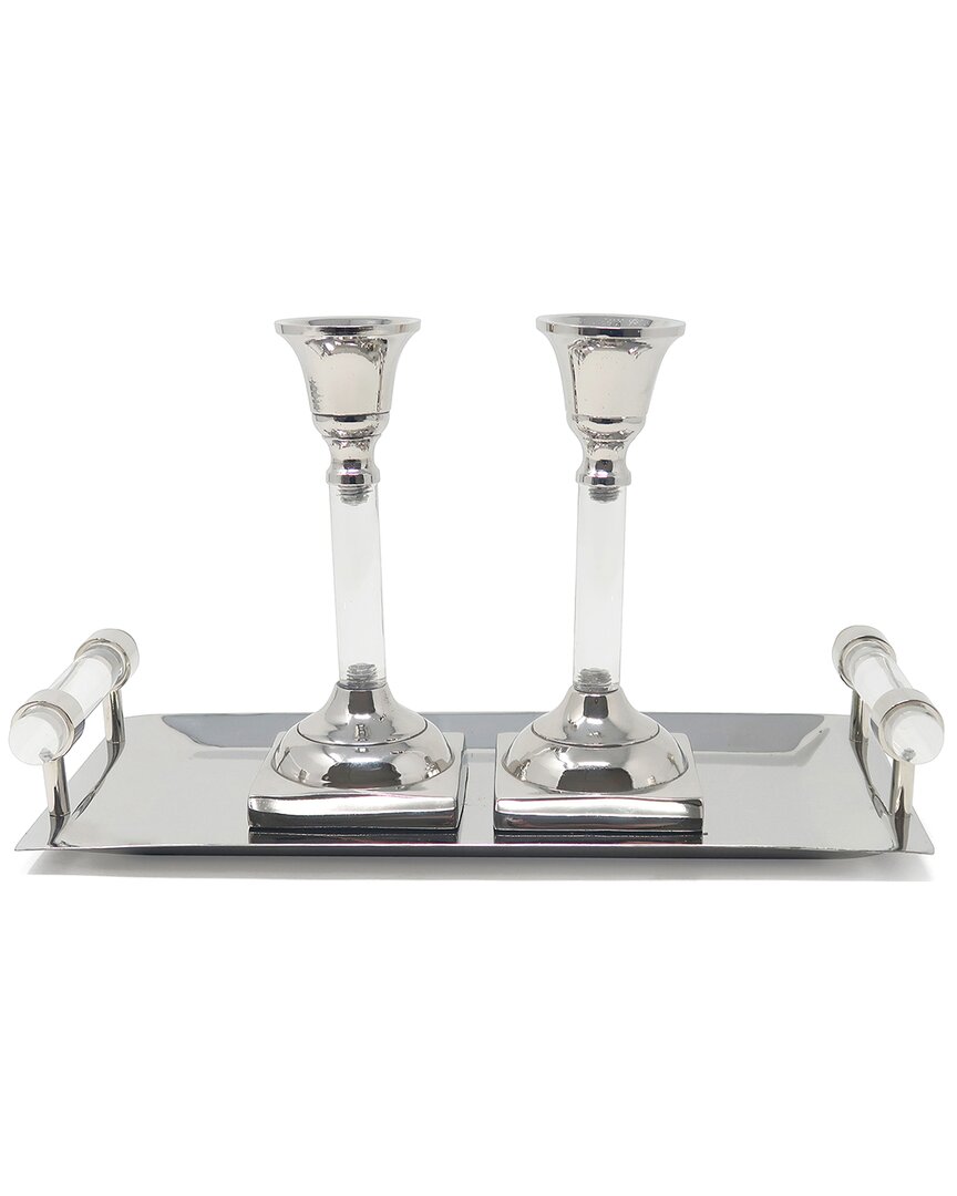 Vivience Rectangle Tray With Candleholder In Metallic