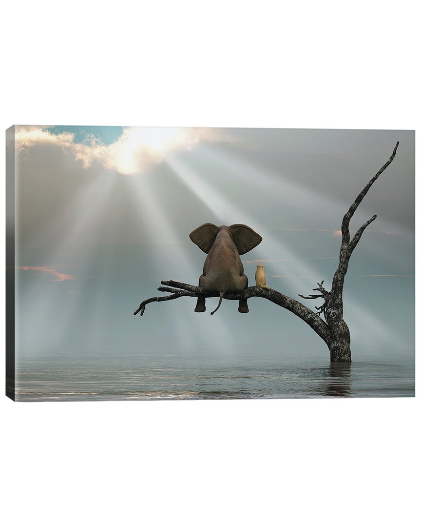 Icanvas Elephant And Dog Are Sitting On A Tree Fleeing A Flood By Mike Kiev Wall Art
