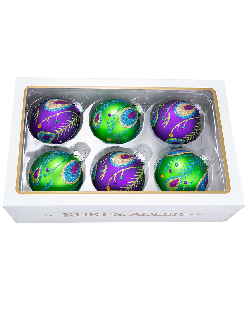 Kurt Adler Set Of 6 Peacock Ball Ornaments
