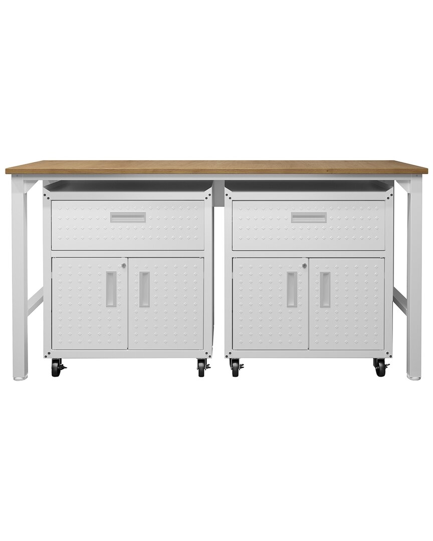 Manhattan Comfort 3pc Fortress Mobile Space-saving Garage Cabinet And Worktable 4.0 In White