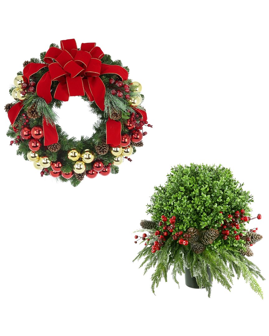 Creative Displays Modern Holiday Set With 26in Christmas Wreath & Uv-rated Boxwood Drop-in In Red