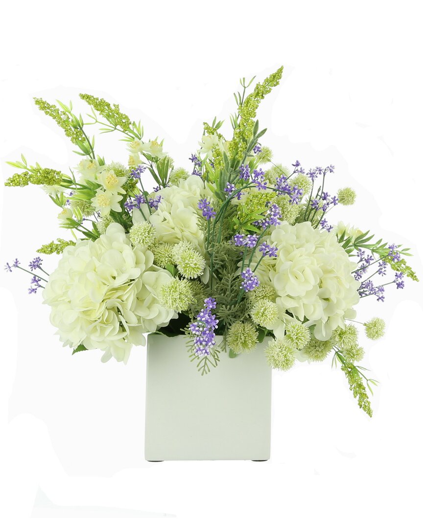 Creative Displays White Hydrangea, Pom Poms & Wildflower Floral Arrangement In Green