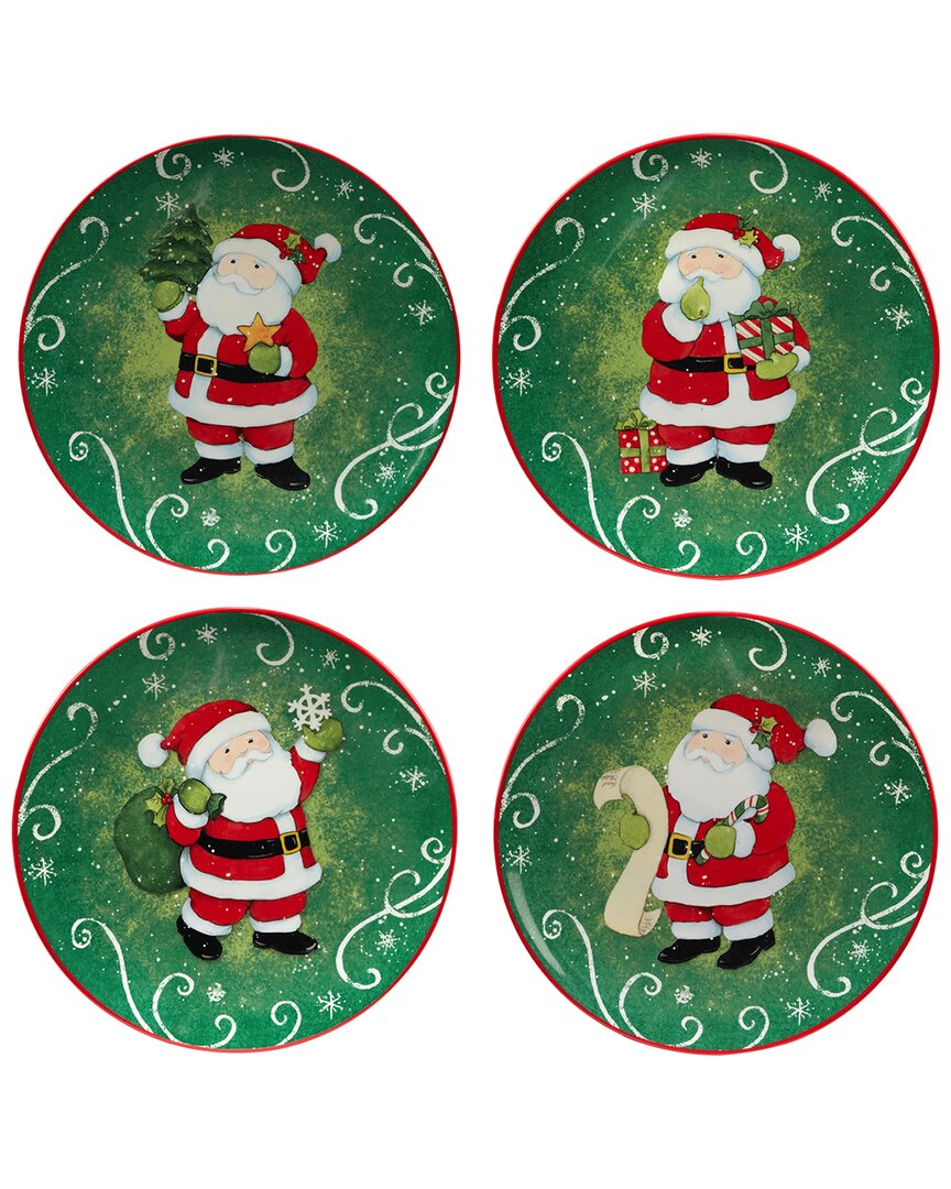 Certified International Holiday Magic Santa Set Of 4 Dessert Plates In Green